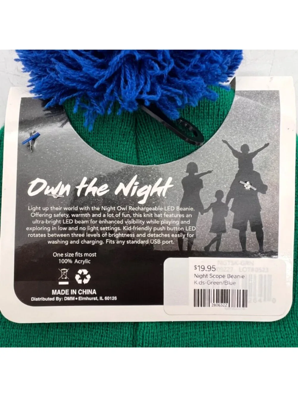 Night Owl Kids Rechargeable LED Beanie Hat Green & Blue With USB Charging Port